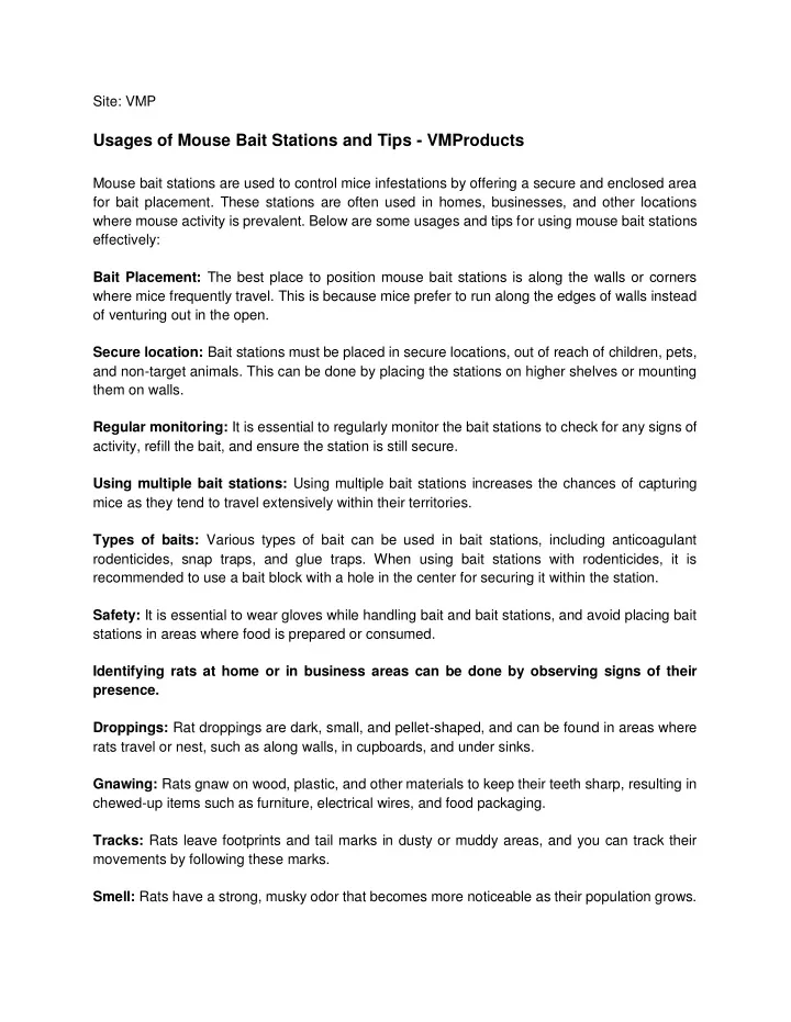 site vmp usages of mouse bait stations and tips