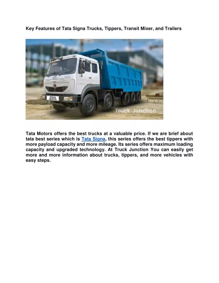key features of tata signa trucks tippers transit