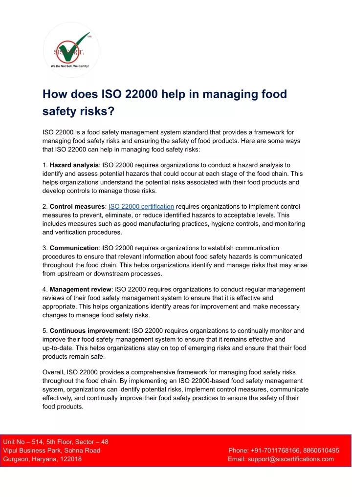 how does iso 22000 help in managing food safety