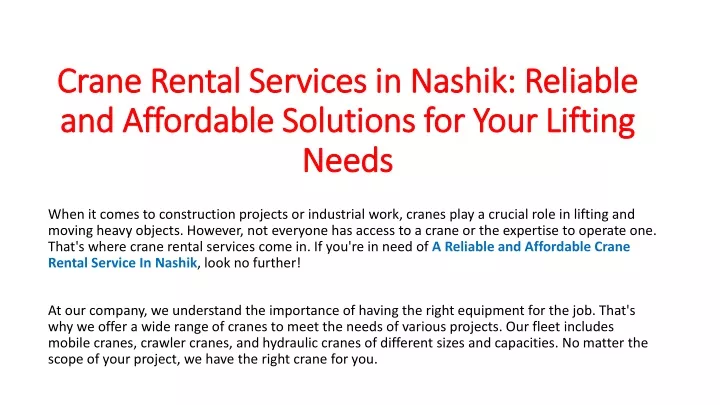 crane rental services in nashik reliable and affordable solutions for your lifting needs