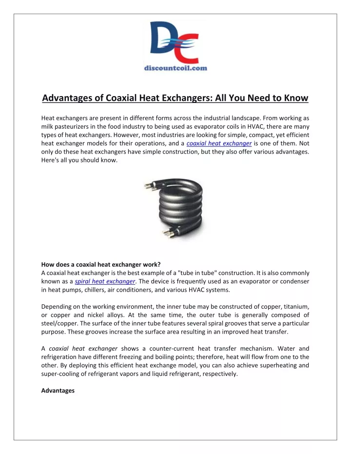 advantages of coaxial heat exchangers