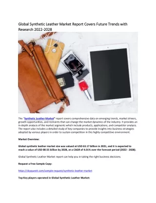 Global Synthetic Leather Market Report Covers Future Trends with Research 2022