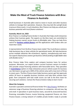 Make The Most of Truck Finance Solutions with Broc Finance in Australia