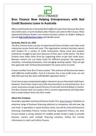 Broc Finance Now Helping Entrepreneurs with Bad Credit Business Loans in Australia