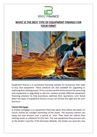 What Is The Best Type Of Equipment Finance For Your Firm?