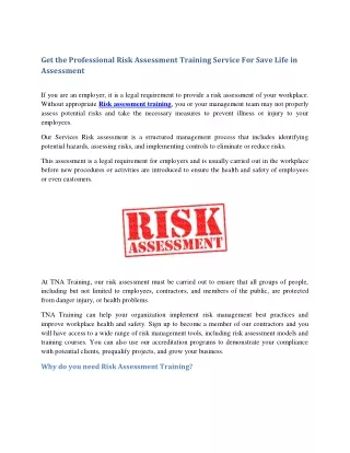 Get the Professional Risk Assessment Training Service For Save Life in Assessment pdf