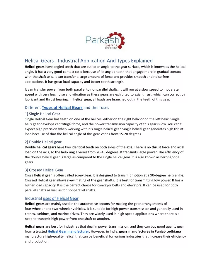 helical gears industrial application and types