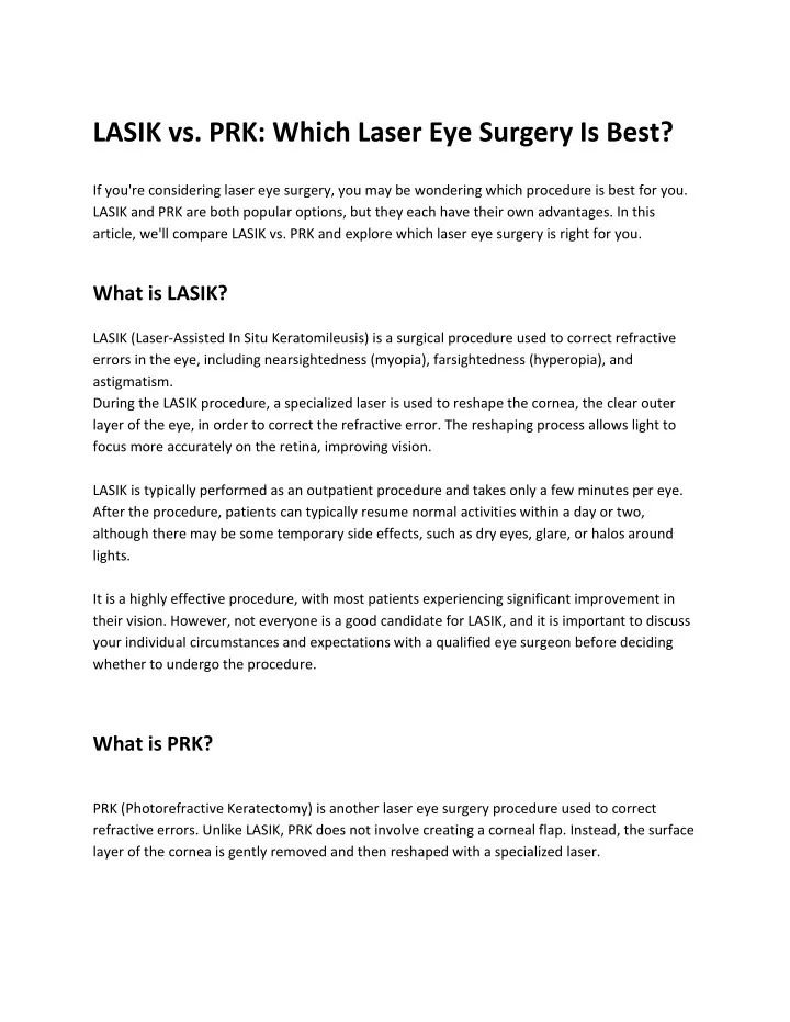 lasik vs prk which laser eye surgery is best