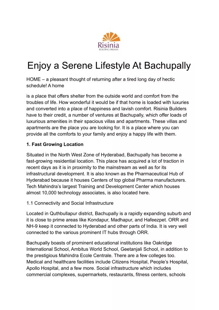 enjoy a serene lifestyle at bachupally