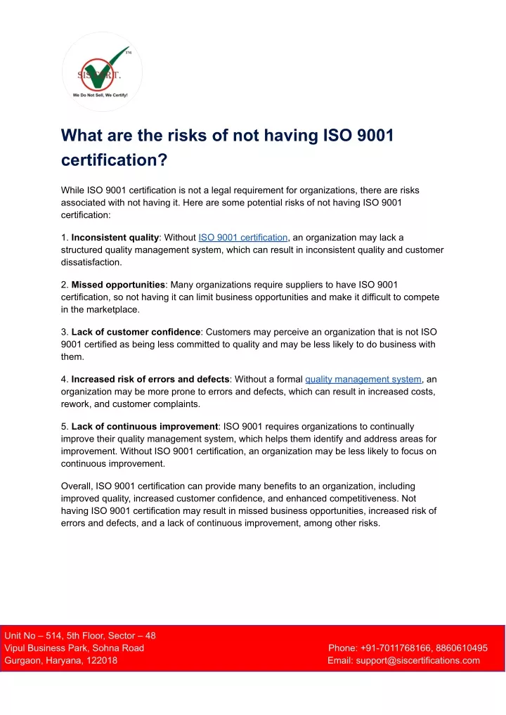 what are the risks of not having iso 9001