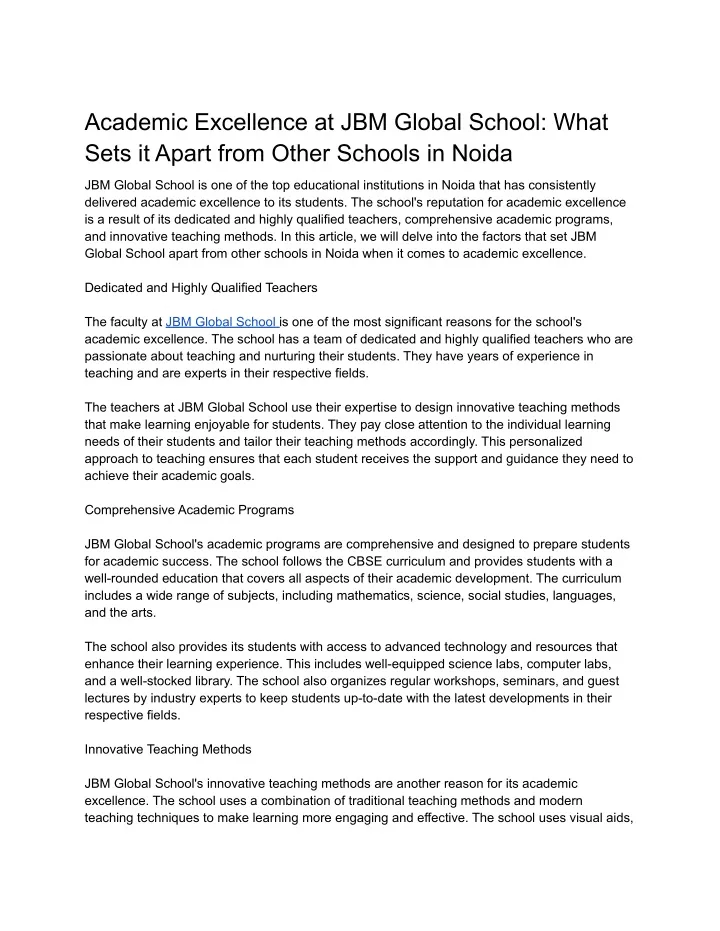 academic excellence at jbm global school what