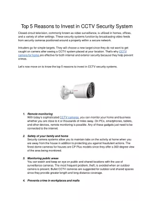 Top 5 Reasons to Invest in CCTV Security System.