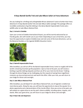 4 Days Bwindi Gorilla Trek and Lake Mburo Safari at Frena Adventure