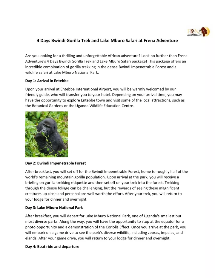 4 days bwindi gorilla trek and lake mburo safari