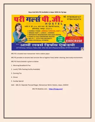 Boys And Girls PG Available In Jaipur With Krc Pg App