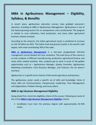 MBA in Agribusiness Management - Eligibility, Syllabus, & Benefits