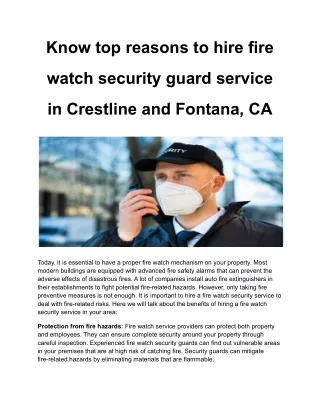 Know top reasons to hire fire watch security guard service in Crestline and Fontana, CA