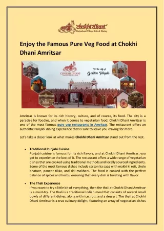 Pure Veg Restaurant in Amritsar | Chokhi Dhani