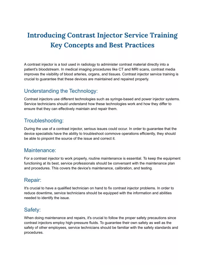 introducing contrast injector service training
