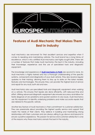 Features of Audi Mechanic that Makes Them Best in Industry