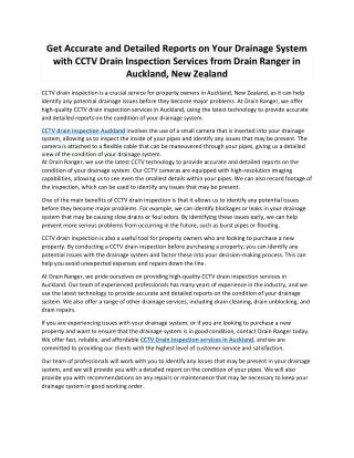 Get Accurate and Detailed Reports on Your Drainage System with CCTV Drain Inspection Services from Drain Ranger in Auckl