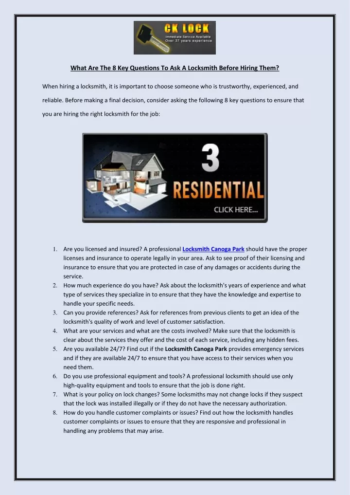 what are the 8 key questions to ask a locksmith