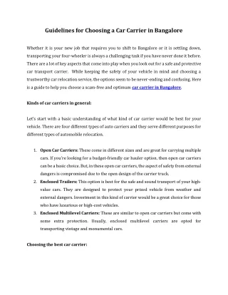 Guidelines for Choosing a Car Carrier in Bangalore