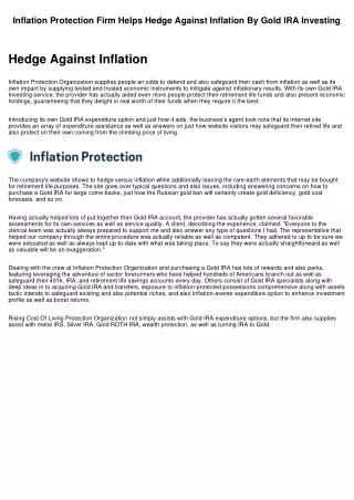Wealth Protection Organization Helps Hedge Against Inflation By Precious Metals IRAs