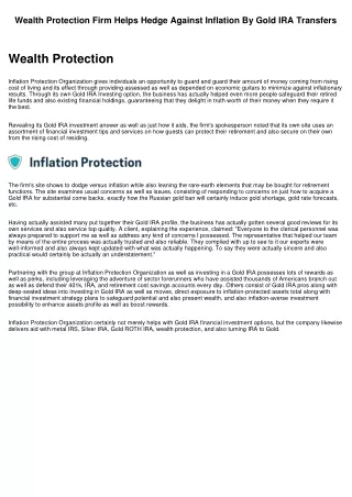 Wealth Protection Company Helps Hedge Against Inflation By Precious Metals IRAs