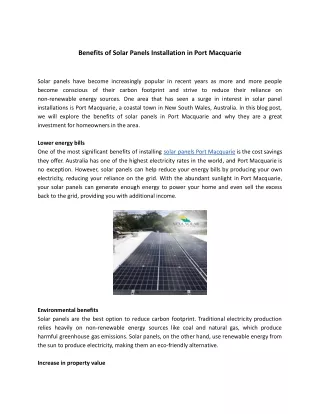 Benefits of Solar Panels Installation in Port Macquarie