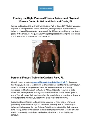 Finding the Right Personal Fitness Trainer and Physical Fitness Center in Oakland Park and Davie, FL