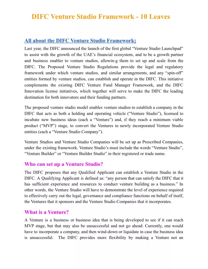 difc venture studio framework 10 leaves