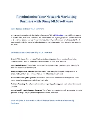 Revolutionize Your Network Marketing Business with Binay MLM Software
