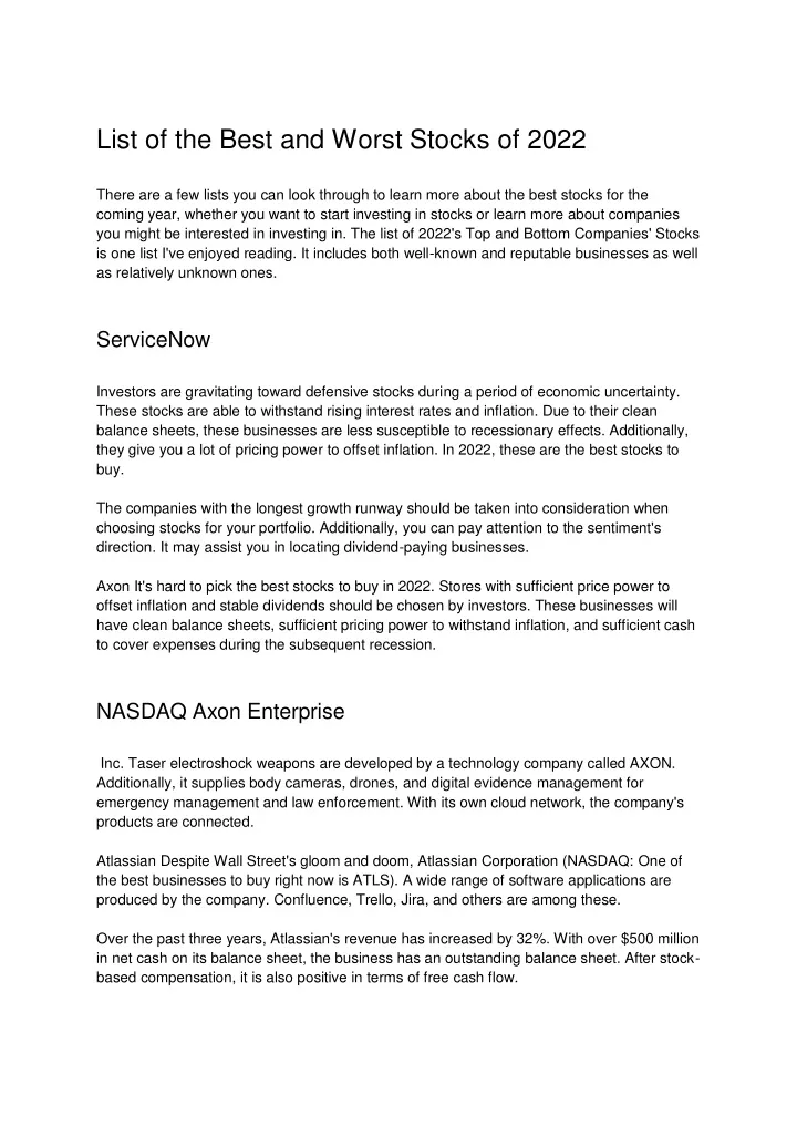 PPT - List Of The Best And Worst Stocks Of 2022 PowerPoint Presentation