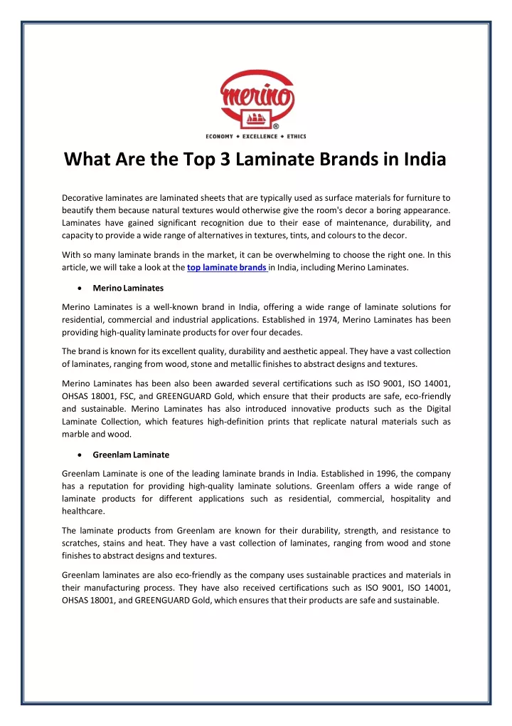 what are the top 3 laminate brands in india