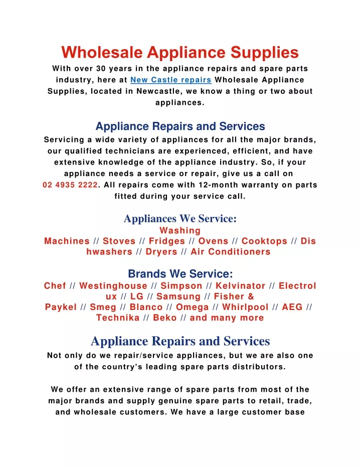 wholesale appliance supplies with over 30 years