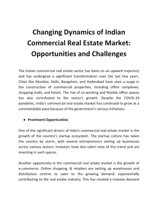Changing Dynamics of Indian Commercial Real Estate Market- Opportunities and Challenges