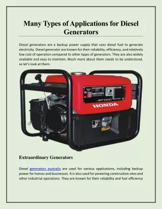 Many Types of Applications for Diesel Generators