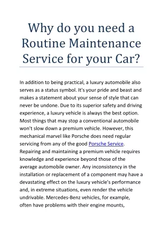 Why do you need a Routine Maintenance Service for your Car