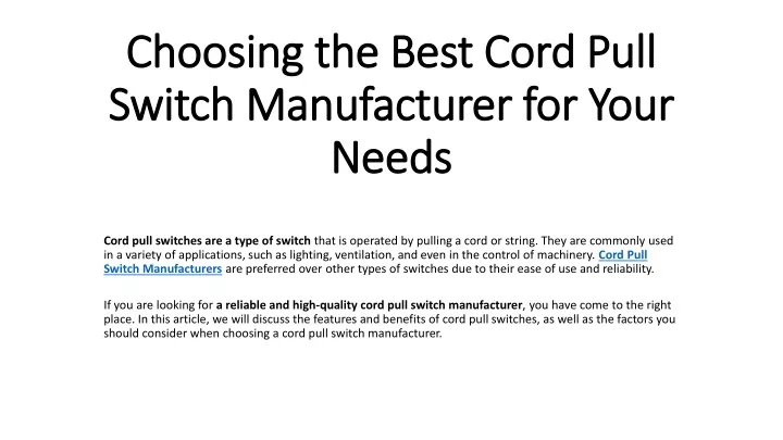 choosing the best cord pull switch manufacturer for your needs