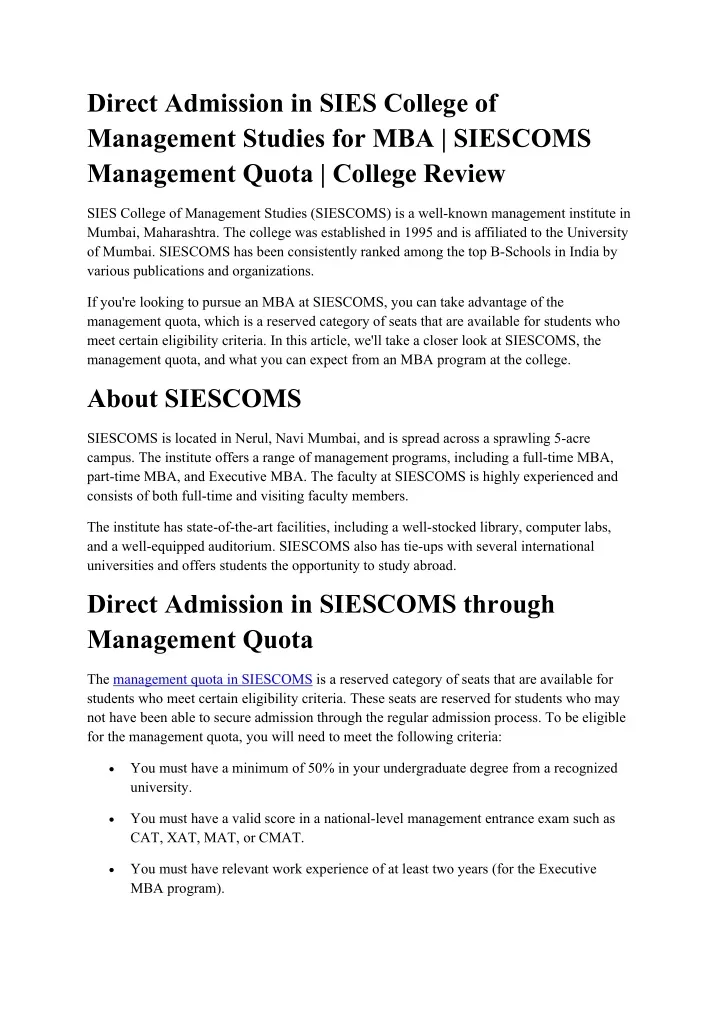 direct admission in sies college of management