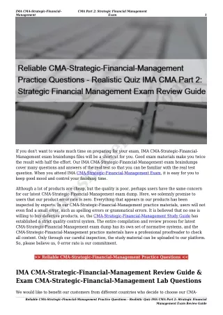 Reliable CMA-Strategic-Financial-Management Practice Questions - Realistic Quiz IMA CMA Part 2: Strategic Financial Mana