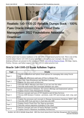 Realistic 1z0-1105-22 Reliable Dumps Book - 100% Pass Oracle Instant Oracle Cloud Data Management 2022 Foundations Assoc