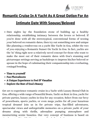 Romantic Cruise In A Yacht As A Great Option For An Intimate Date With SpouseBeloved