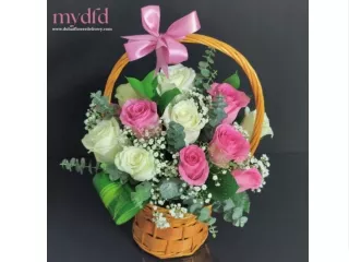 12 pink white roses basket for women's day