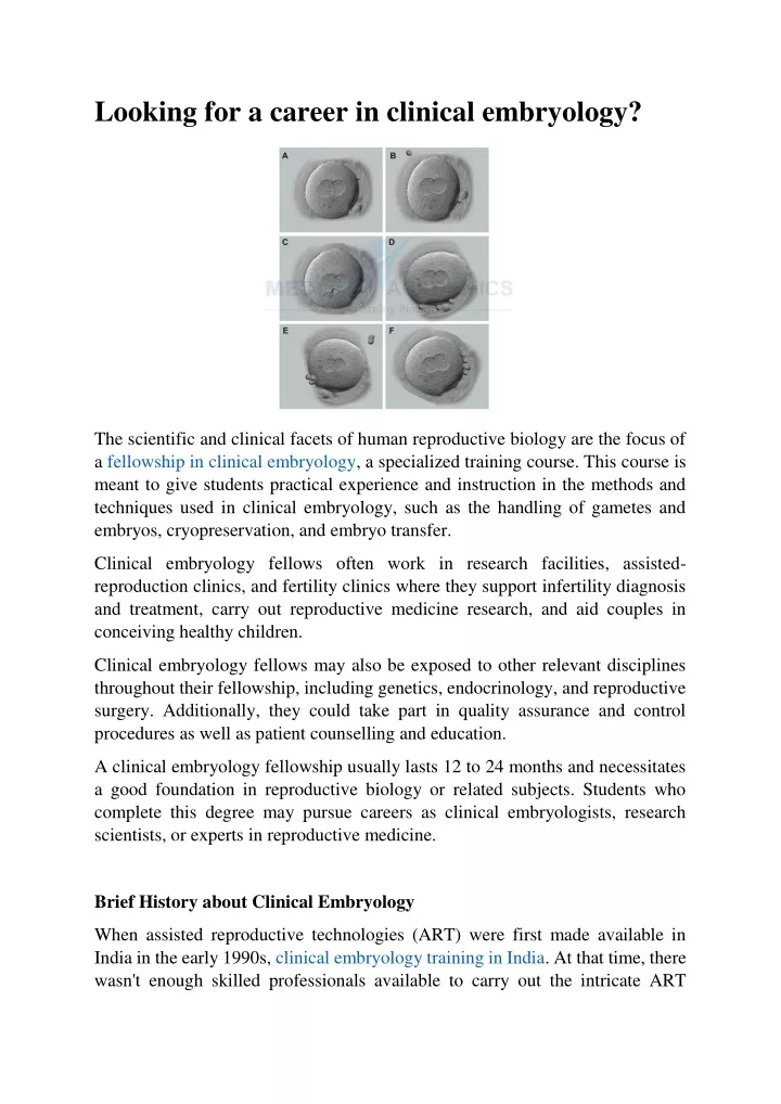 looking for a career in clinical embryology