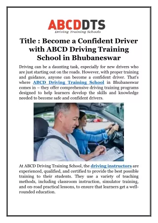Become a Confident Driver with ABCD Driving Training School in Bhubaneswar