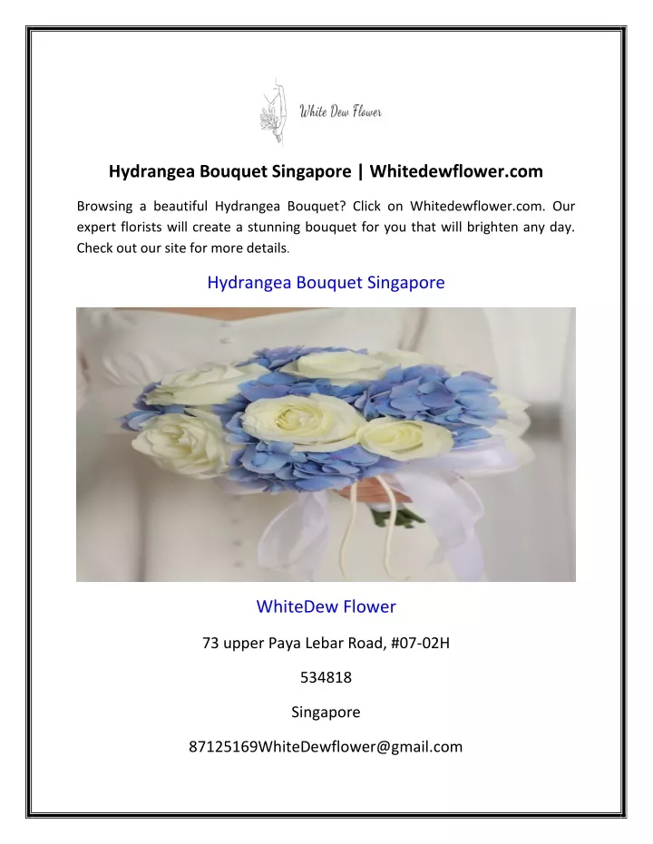 hydrangea bouquet singapore whitedewflower com