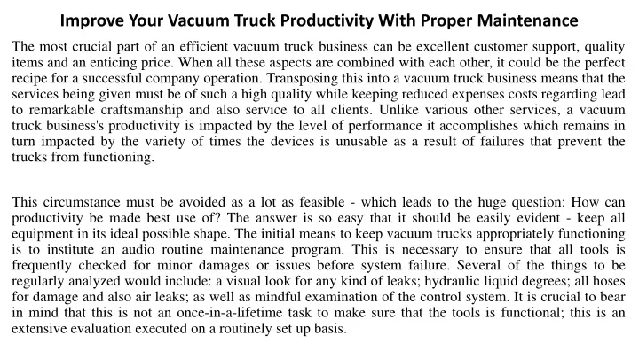 improve your vacuum truck productivity with proper maintenance