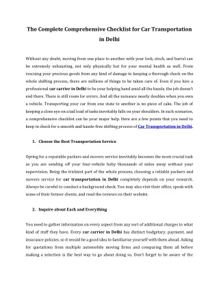 The Complete Comprehensive Checklist for Car Transportation in Delhi